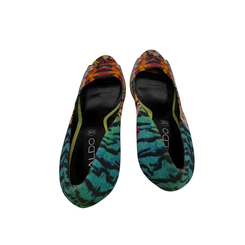 Aldo Floral Tiger Stripe Peep Toe Platform Pumps Heels Multicolor Womens 39 - Picture 7 of 11